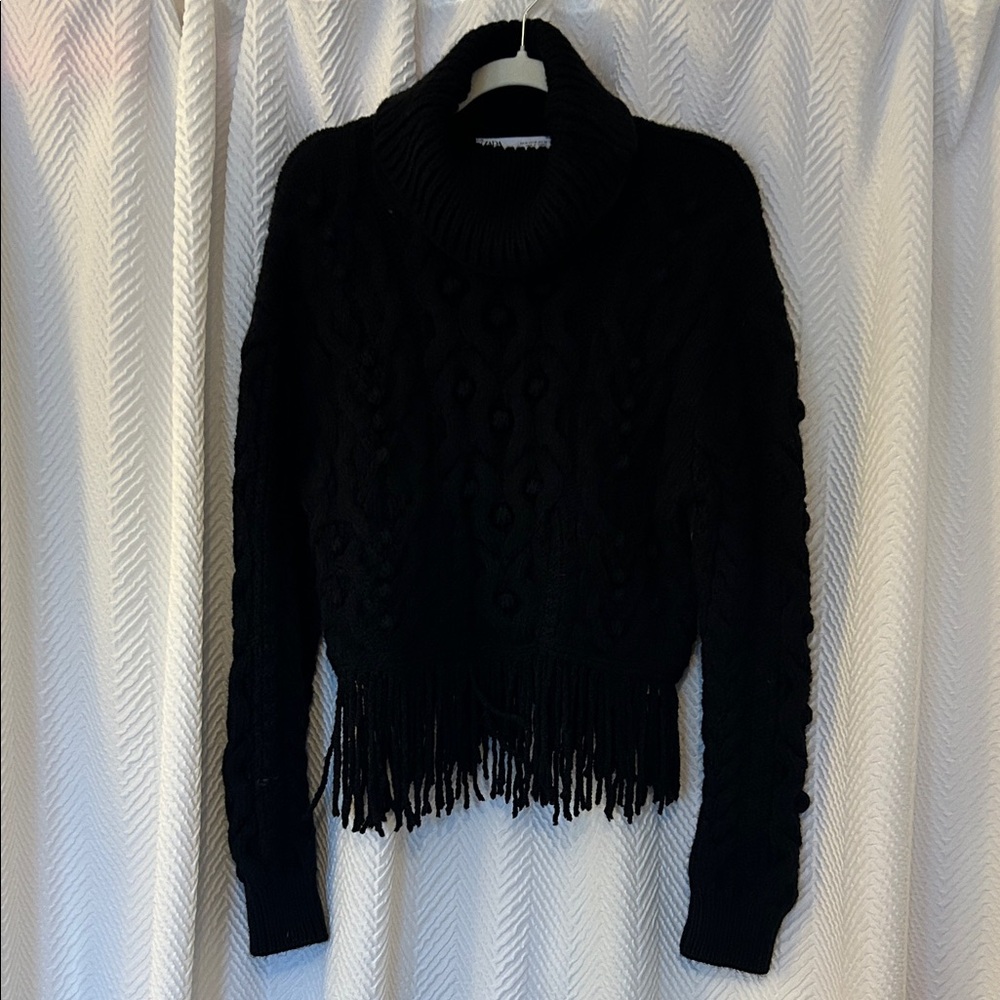 Zara Black Turtle Neck Sweater with Fringe